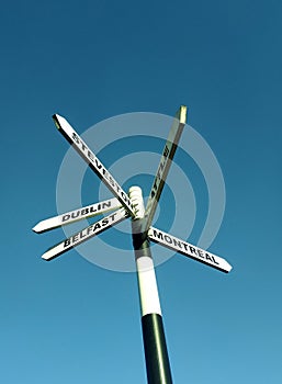 Distances to Dublin, Belfast, Montreal, Steveston sign