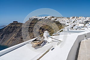 Distant cityscape of Fira on Santorini island in Cycladic architecture in Greece