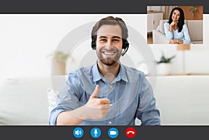 Distant Communication. Happy Man In Headset Having Video Call With Wife, Screenshot photo