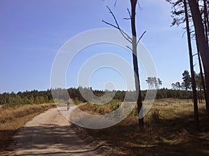 Distant mountain bike cyclist on dirt path