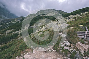 Distant mountain cores in slovakia Tatra mountain trails - vintage retro film look