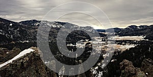 Distant mountain valley on an overcast day