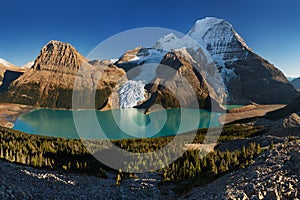 Distant Panoramic Landscape of Berg Lake and Snowy Mountain Robson Top in Jasper National Park Canadian Rocky Mountains.