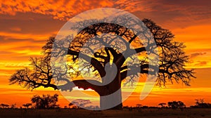 The distant silhouette of a majestic baobab tree against the vibrant orange sky serves as the perfect backdrop for a photo