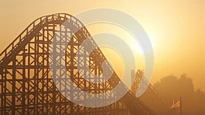 The distant silhouette of a towering roller coaster against a hazy sunlit sky hinting at the thrill of plunging speeds photo