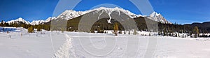 Distant Snowy Mountain Peaks Showshoeing Banff National Park Panoramic Springtime Landscape