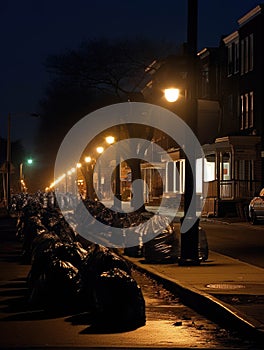 Distant street lights illuminating a black silhouette of towering garbage bags.. AI generation