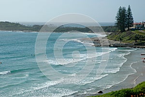 Distant surfers at a beach bordered by rock pools and pine trees.