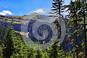 Distant view of Cascada Cailor from Rodnei Mountains near Borsa.