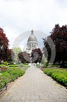 Distant view on a church and footpath in a park  in mainz germany