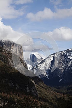 Distant View Halfdome And Valley Blue Sky Clouds Snow