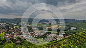 A distant view of landscape, rivers, houses, forest with cloudy sky.