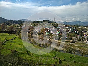 Distant view of lush green terraced rice field near village Baijnath