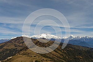 A distant view of Mount Kanchenjunga during Sandakphu Phalut trek