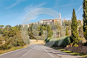 Distant view of Pienza old town on a Tuscany hill