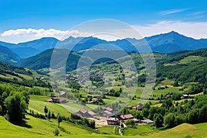 distant view of a sprawling mountain hamlet in summertime