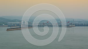 Distant view of the Three Gorges Dam over Yangtze river in Yichang China