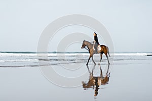 distant view of woman riding horse on sandy beach