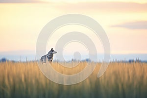 a distant wolf howling on a serene prairie at sunset