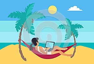 Distant Worker Laptop Freelancer Woman Hammock