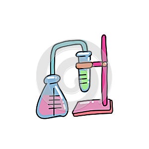 Distillation apparatus with cone flask, cooler and distillate. Hand drawn doodle outline illustration in childish style photo