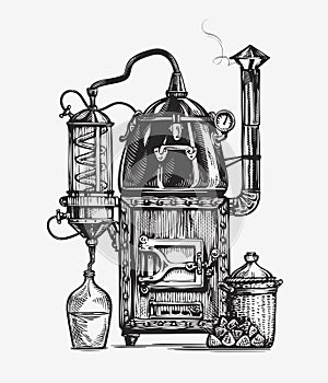 Distillation apparatus sketch. Hooch vector illustration