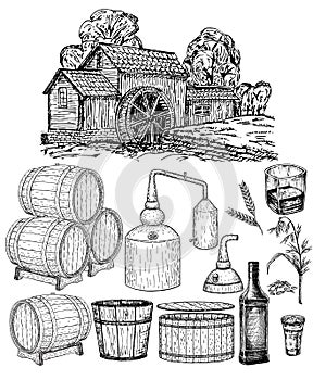 Distillery. Vector hand drawn whisky production elements