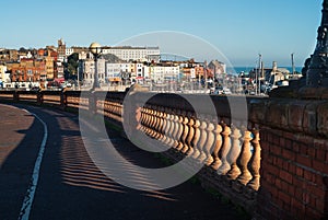 Ramsgate, UK - Jan 12 2022 The distincitve buildings on the harbour front in Ramsgate seen from the Royal Parade as the sun shine