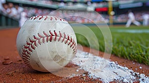 The distinct pattern of a baseball in the foreground with the diamond and spectators in a dreamy blur, capturing the