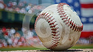 The distinct pattern of a baseball in the foreground with the diamond and spectators in a dreamy blur, capturing the
