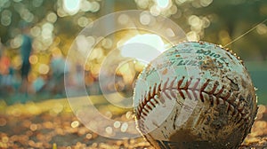 The distinct pattern of a baseball in the foreground with the diamond and spectators in a dreamy blur, capturing the