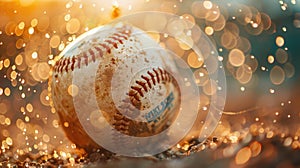 The distinct pattern of a baseball in the foreground with the diamond and spectators in a dreamy blur, capturing the