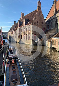 Distinctive brickwork on waterside buildings in the Belgian city of Bruges