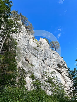 The distinctive Hausstein Peak rock in a beautiful forest scenery near Muggendorf