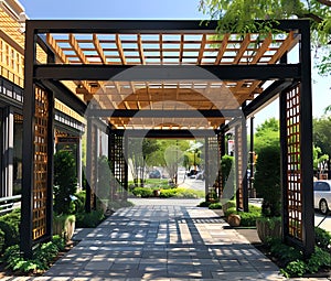 Distinctive Pergola Walkway: Artfully Painted Metal Framing Accented by Wooden Rafters
