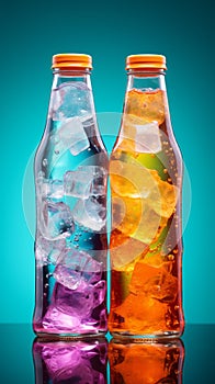 A distinctive plastic soda or mineral bottle, with irregular shape, against a colorful studio background photo