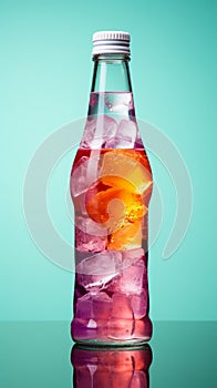 A distinctive plastic soda or mineral bottle, with irregular shape, against a colorful studio background photo