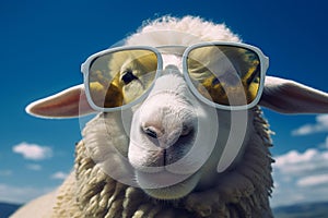Distinctive Sheep colorful glasses smiling. Generate AI photo