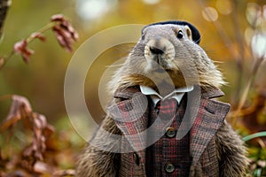 Distinguished Anthropomorphic marmot wearing aristocratic furry coat. Generate ai