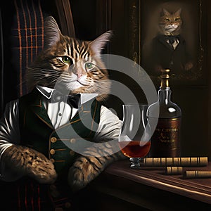 Distinguished ore gentleman Maine Coon cat drinks Scotch whiskey