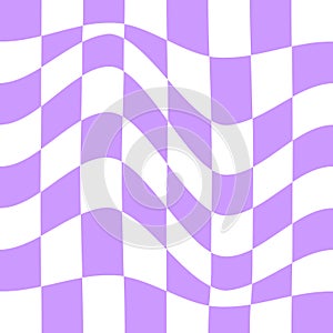 Distorted chess board background. Checkered visual illusion. Psychedelic pattern with warped purple and white squares