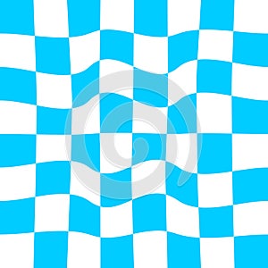 Distorted chessboard background. Checkered optical illusion. Psychedelic pattern with warped blue and white squares