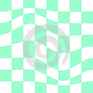 Distorted chessboard texture. Checkered optical illusion. Psychedelic dizzy pattern with warped green and white squares