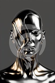 Distorted face of mannequin made of metal. Surrealist art and modern concept.