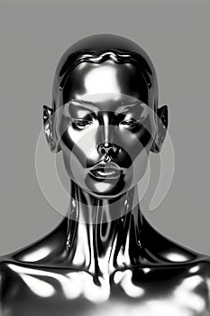 Distorted face of mannequin made of metal. Surrealist art and modern concept.