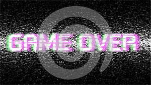 Distorted game over sign on black backdrop. Glitch text on old video template. Retro pixel VHS noise background. Vector