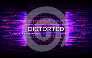 Distorted glitch banner. Dynamic distortion with purple elements. Futuristic poster. Future design template. Color wave