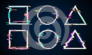 Distorted glitch frame. Glitched circle, square and triangle frames. Music distortion logo vector elements set photo