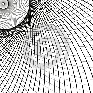 Distorted grid shape. Abstract curve mesh. Optical illusion vector. Black wave structure.