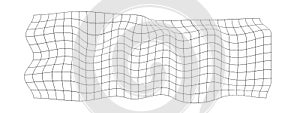 Distorted grid texture. Curvatured net. Warped mesh surface isolated on white background. Checkered pattern deformation